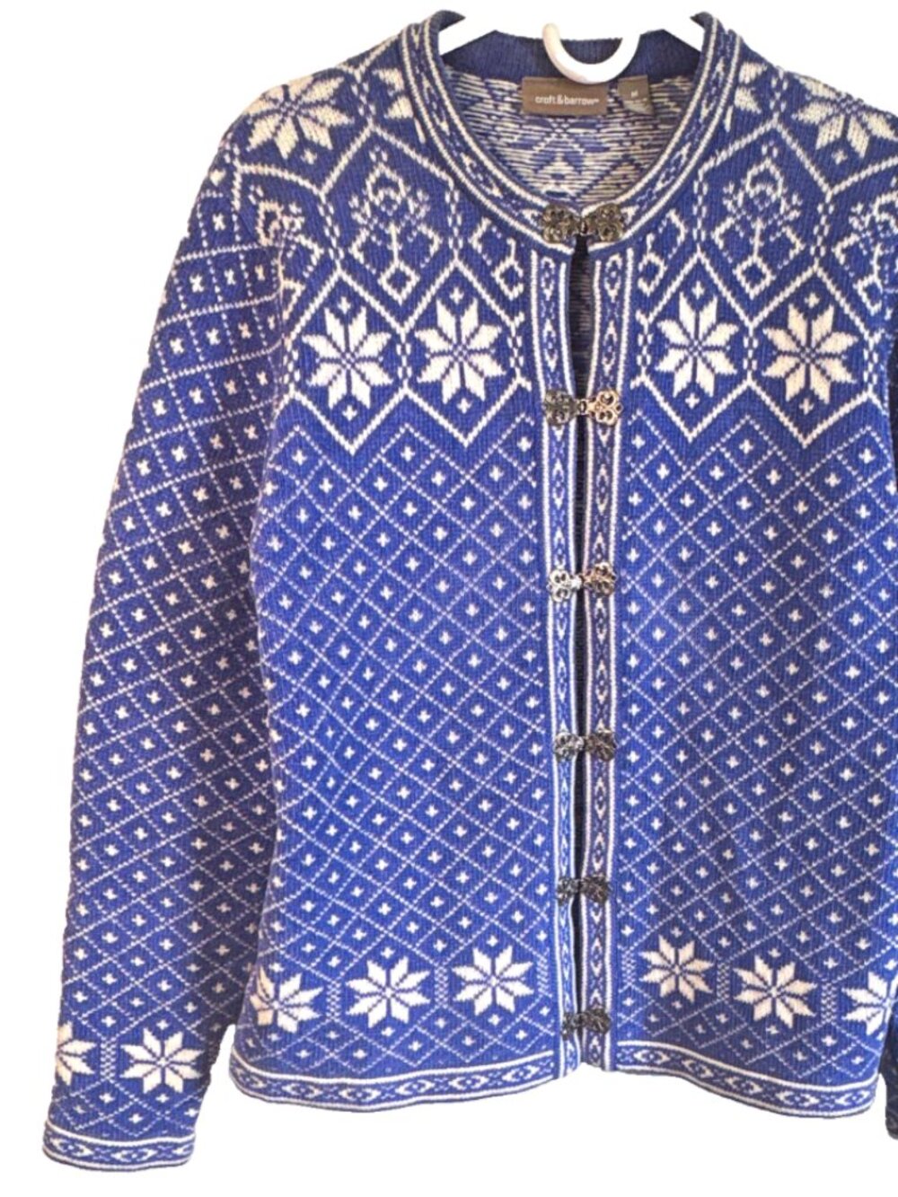 Croft & Barrow Blue White Fair Isle Knit Cardigan Sweater Metal Clasp Womens M